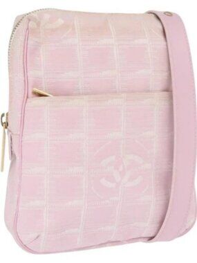 CHANEL New Travel Line Shoulder Bag Nylon Pink Gold CC Auth 163276
